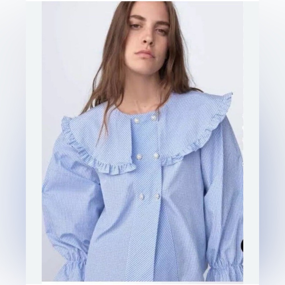 Zara Blue Checkered Ruffle Blouse EUC